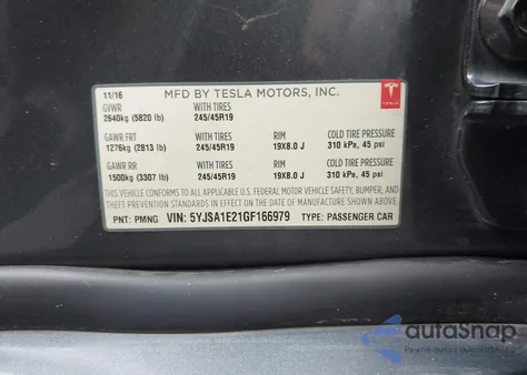 2016 Tesla Model S 60D/70D/75D/85D/90D from USA, damaged, VIN 5YJSA1E21GF166979